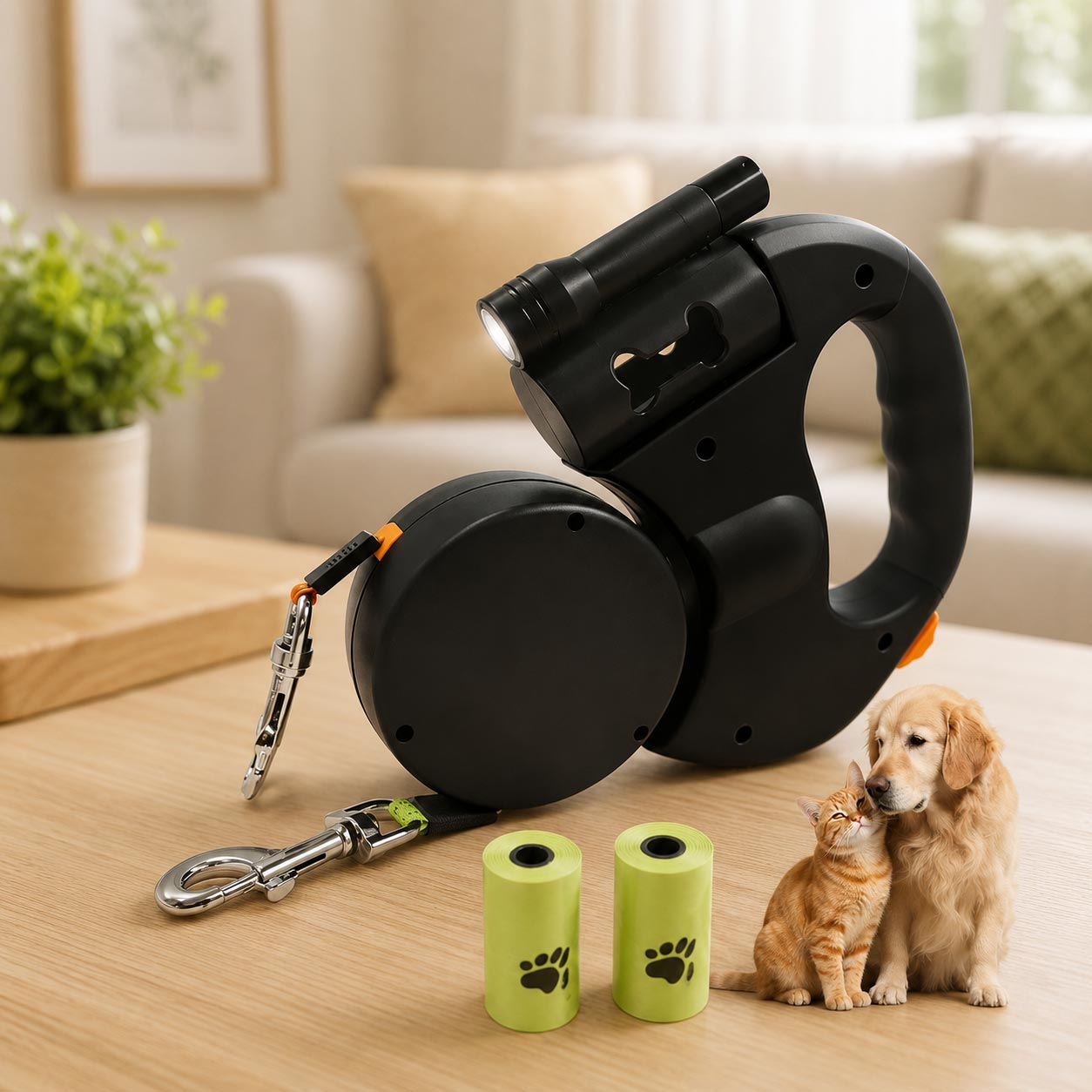 🐕 Correa retráctil doble con linterna para perritos exploradores