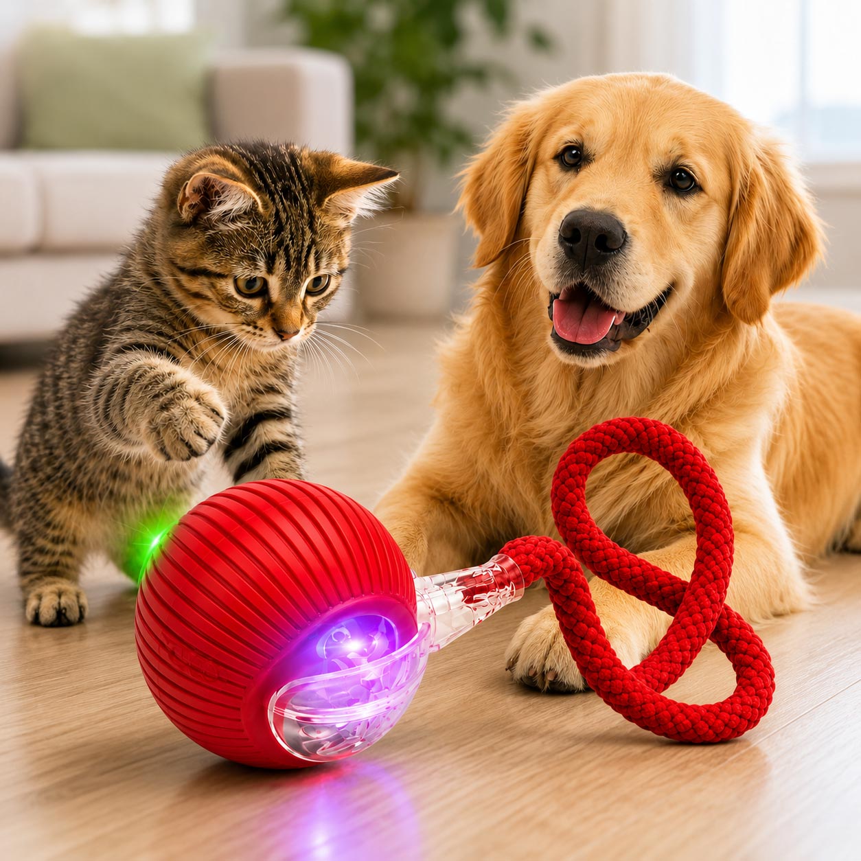 🐱🐶 Pelota interactiva LED con cuerda para perritos y gatitos juguetones